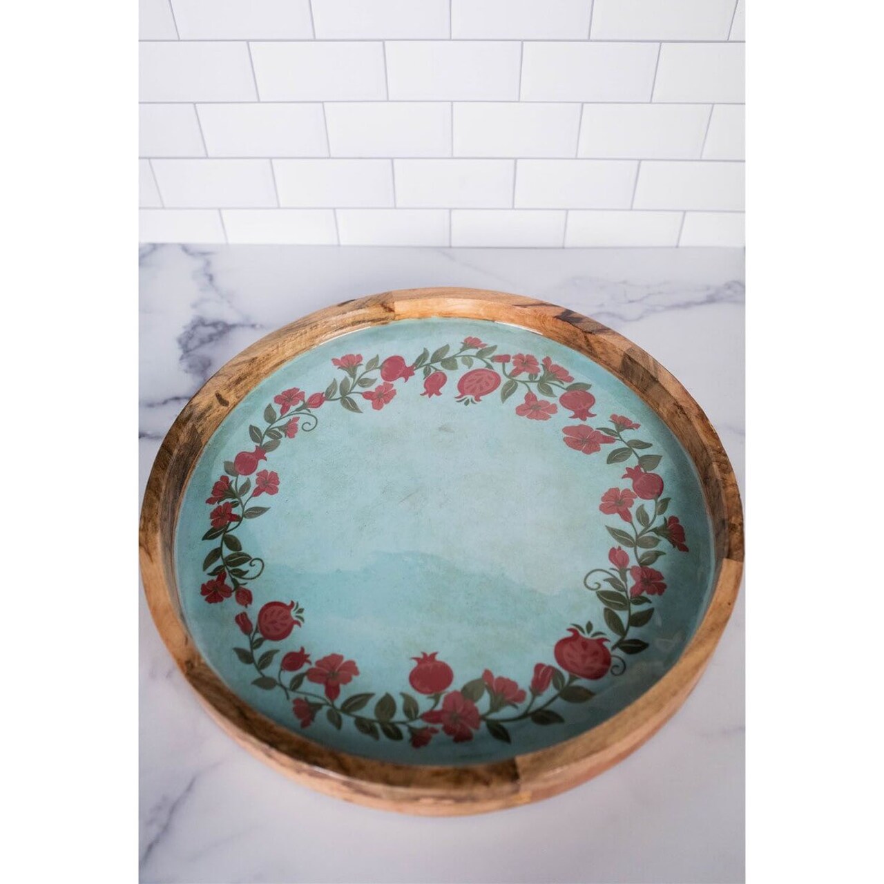 15" Mango Wood Pomegranate Wreath Tray Handcrafted Rustic Home Decor & Serving Platter